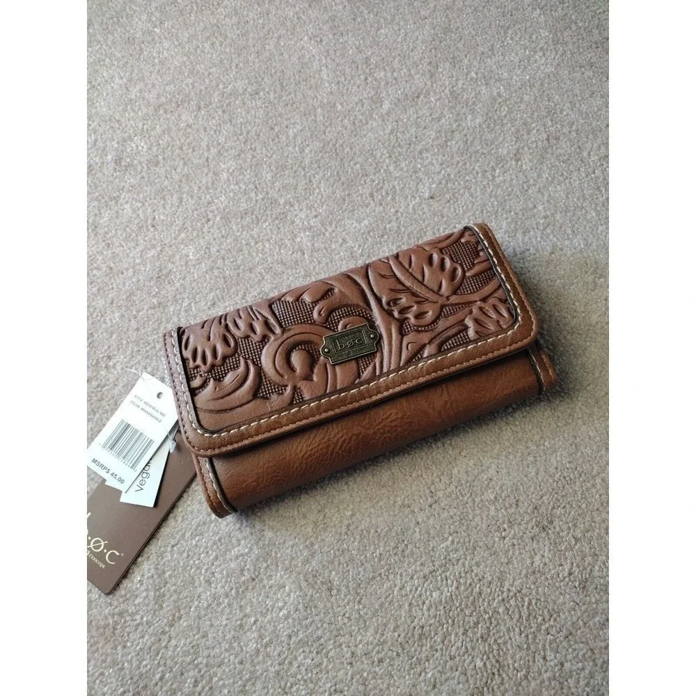 BOC Born Concept Vegan Trifold Leather Wallets Brass Saddle Logo Coin ID